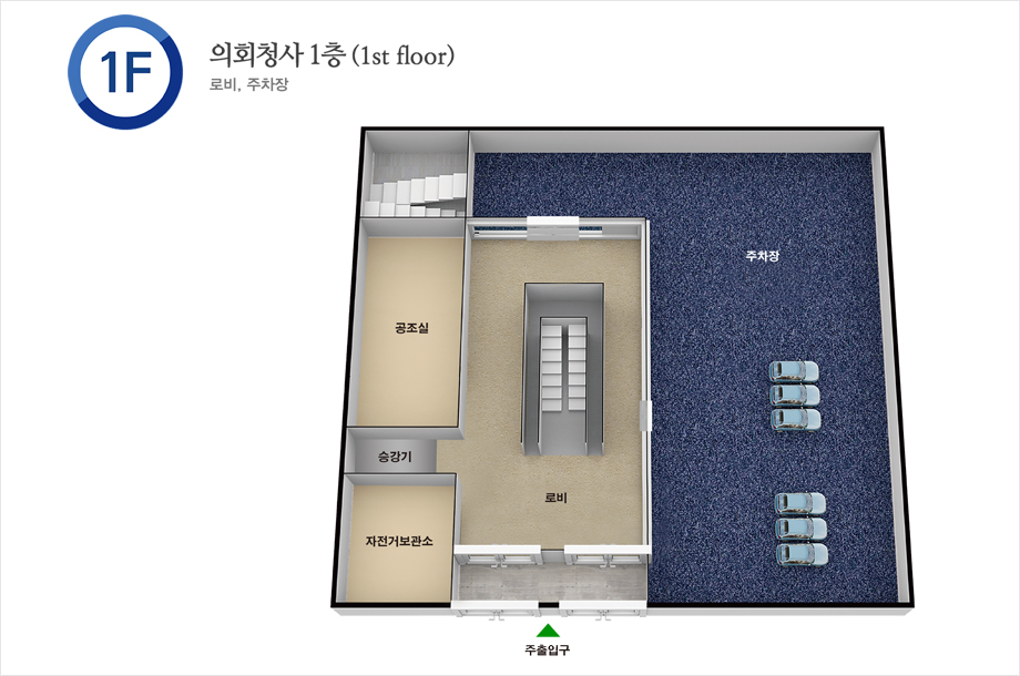 의회청사 1층(1st floor) 로비, 주차장 : 1층은 주출입구를 시작으로 중앙에는 로비와 그 안에 계단이 있으며, 오른쪽엔 주차장, 왼쪽엔 자전거보관소,승강기와 공조실, 그 위엔 계단이 있습니다.